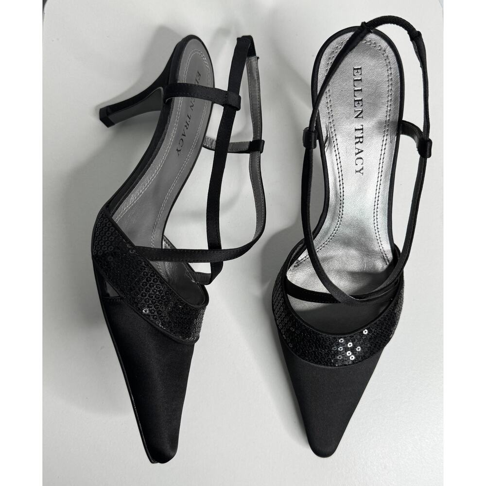 Ellen Tracy Weston Black Satin Sequin Slingback Heels Y2K Size 7.5M